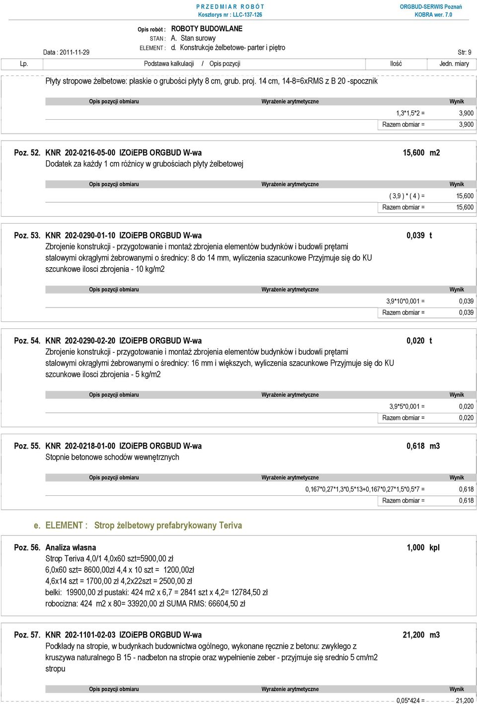 KNR 202-0216-05-00 IZOiEPB ORGBUD W-wa 15,600 m2 Dodatek za kaŝdy 1 cm róŝnicy w grubościach płyty Ŝelbetowej ( 3,9 ) * ( 4 ) = 15,600 Razem obmiar = 15,600 Poz. 53.