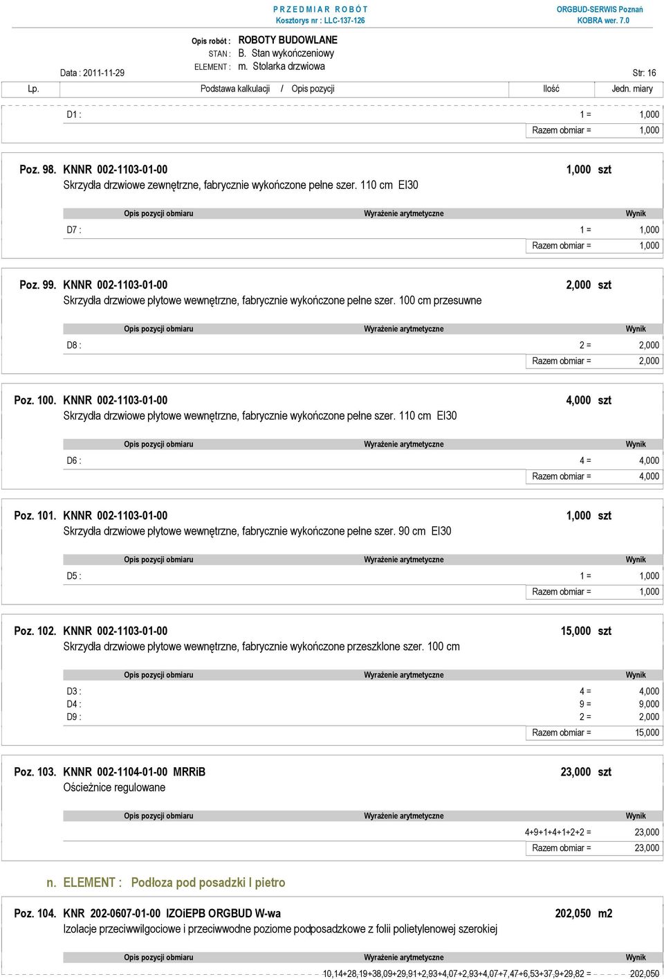 100 cm przesuwne 2,000 szt D8 : 2 = 2,000 Razem obmiar = 2,000 Poz. 100. KNNR 002-1103-01-00 Skrzydła drzwiowe płytowe wewnętrzne, fabrycznie wykończone pełne szer.