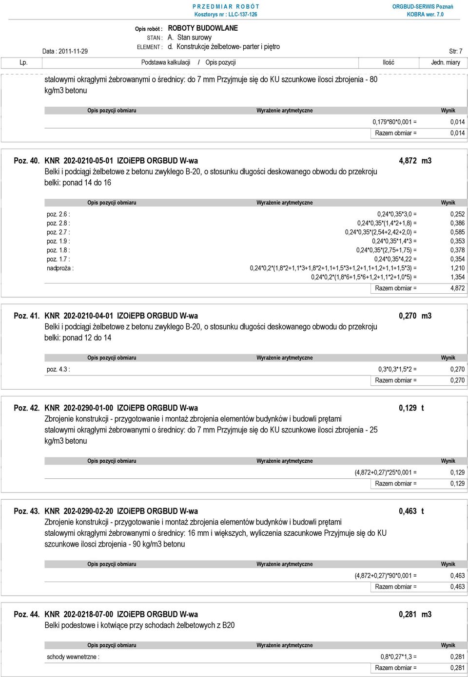 40. KNR 202-0210-05-01 IZOiEPB ORGBUD W-wa 4,872 m3 Belki i podciągi Ŝelbetowe z betonu zwykłego B-20, o stosunku długości deskowanego obwodu do przekroju belki: ponad 14 do 16 poz. 2.6 : 0,24*0,35*3,0 = 0,252 poz.