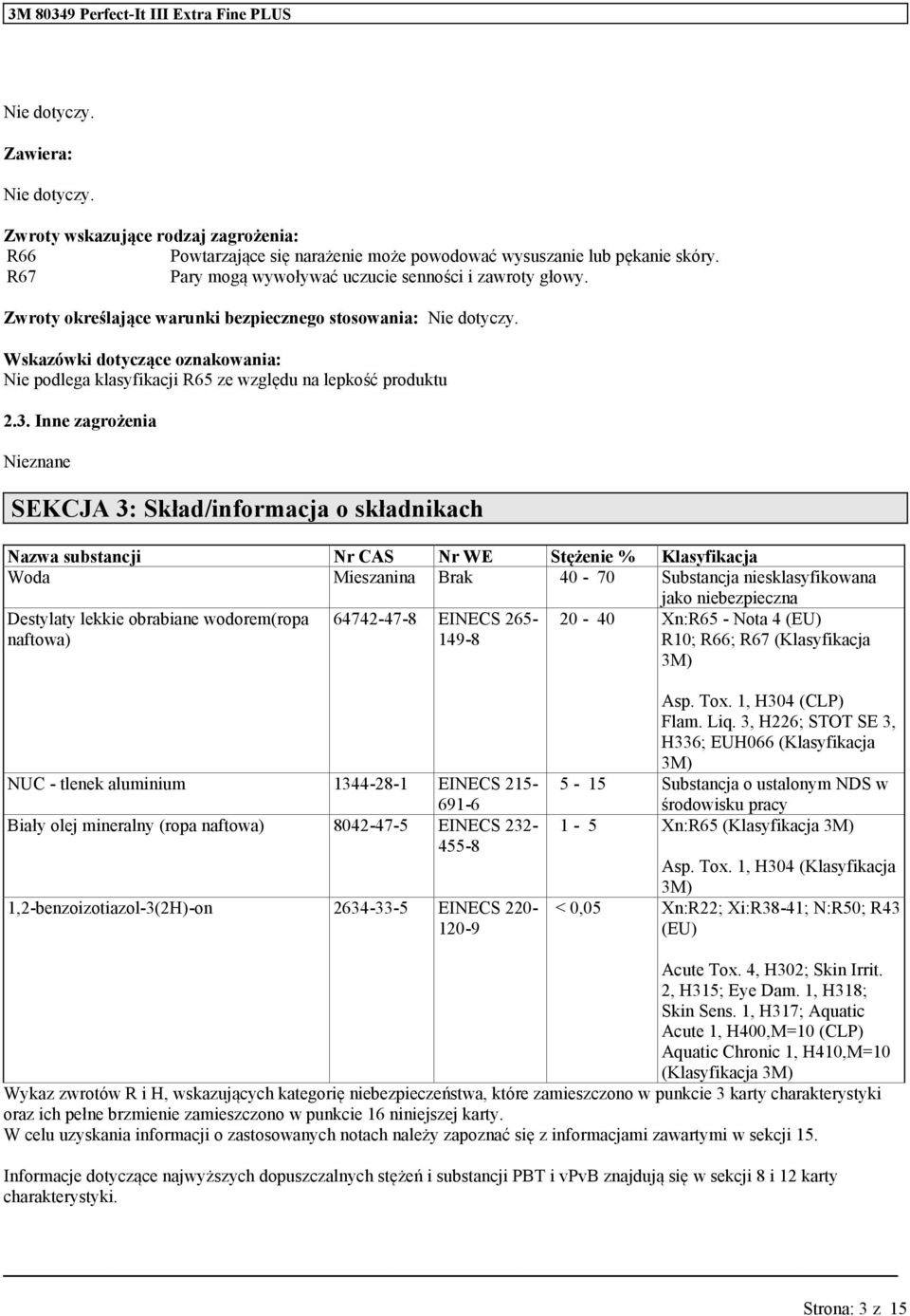 Wskazówki dotyczące oznakowania: Nie podlega klasyfikacji R65 ze względu na lepkość produktu 2.3.