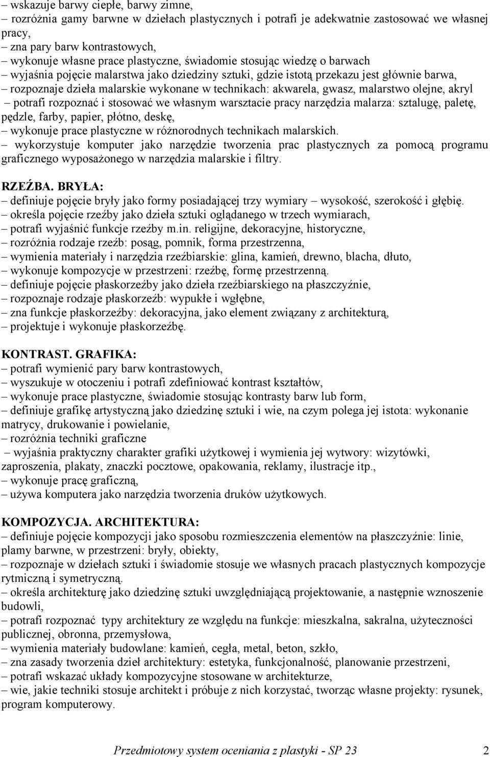 malarstwo olejne, akryl potrafi rozpoznać i stosować we własnym warsztacie pracy narzędzia malarza: sztalugę, paletę, pędzle, farby, papier, płótno, deskę, wykonuje prace plastyczne w różnorodnych