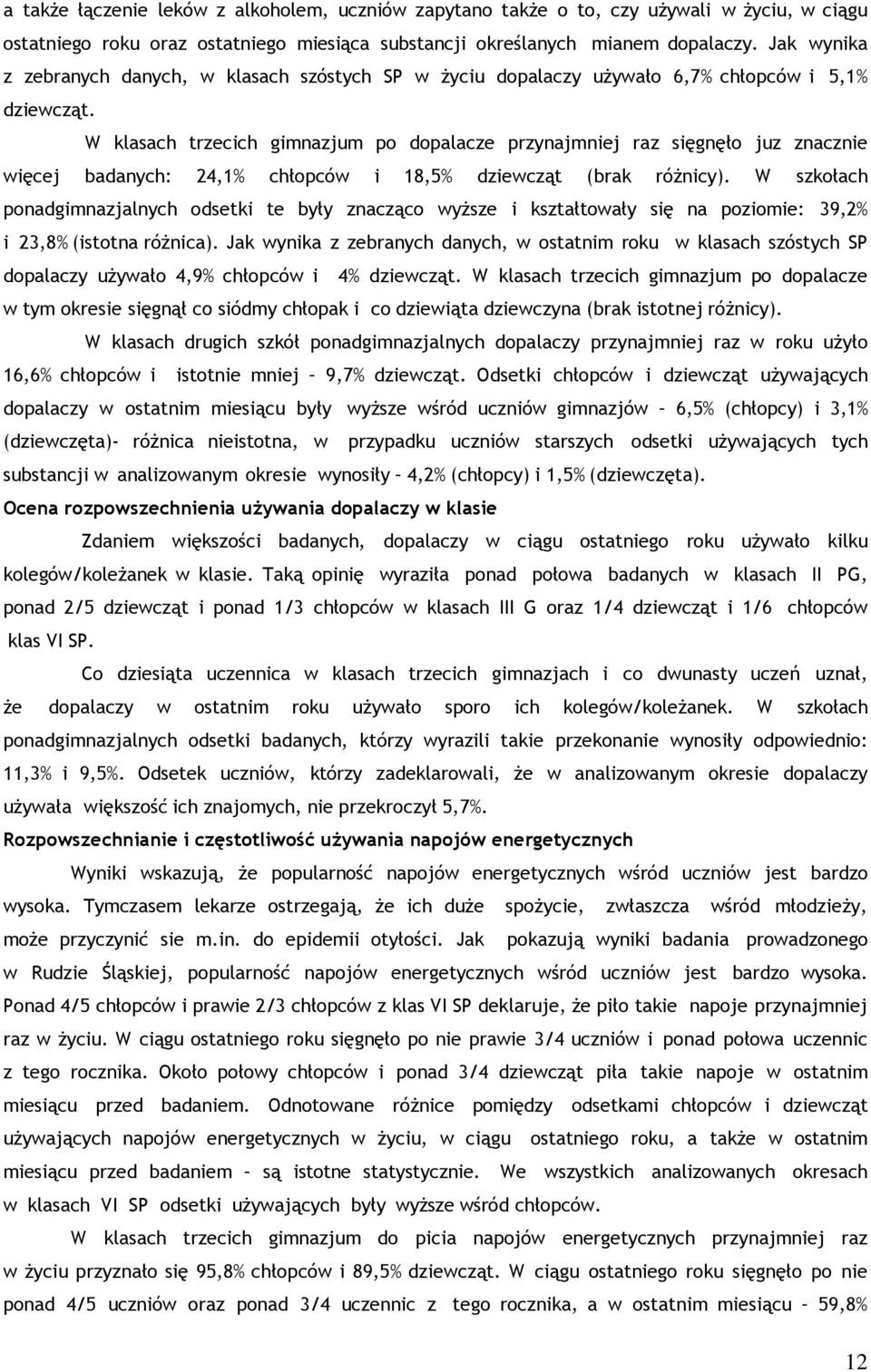 W klasach trzecich gimnazjum po dopalacze przynajmniej raz sięgnęło juz znacznie więcej badanych: 24,1% chłopców i 18,5% dziewcząt (brak różnicy).