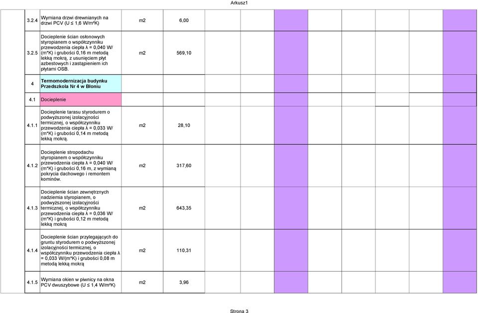 4.1.2 (m*k) i grubości 0,16 m, z wymianą m2 317,60 pokrycia dachowego i remontem kominów. nadziemia styropianem, o podwyższonej izolacyjności 4.1.3 termicznej, o współczynniku m2 643,35 przewodzenia ciepła λ = 0,036 W/ lekką mokrą Docieplenie ścian przylegających do gruntu styrodurem o podwyższonej 4.