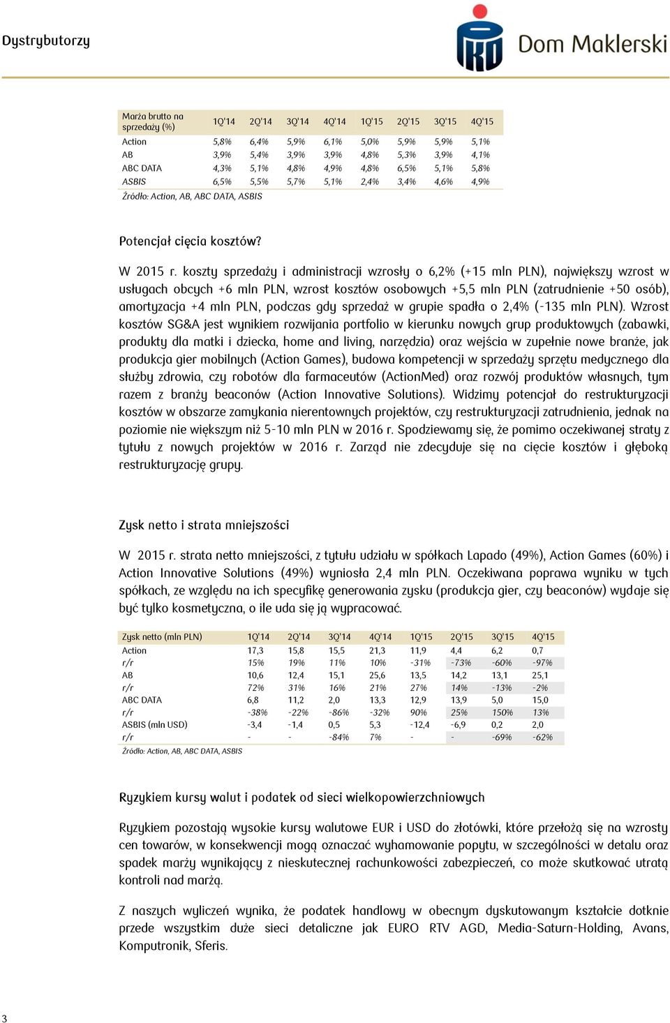 koszty sprzedaży i administracji wzrosły o 6,2% (+15 mln PLN), największy wzrost w usługach obcych +6 mln PLN, wzrost kosztów osobowych +5,5 mln PLN (zatrudnienie + osób), amortyzacja +4 mln PLN,