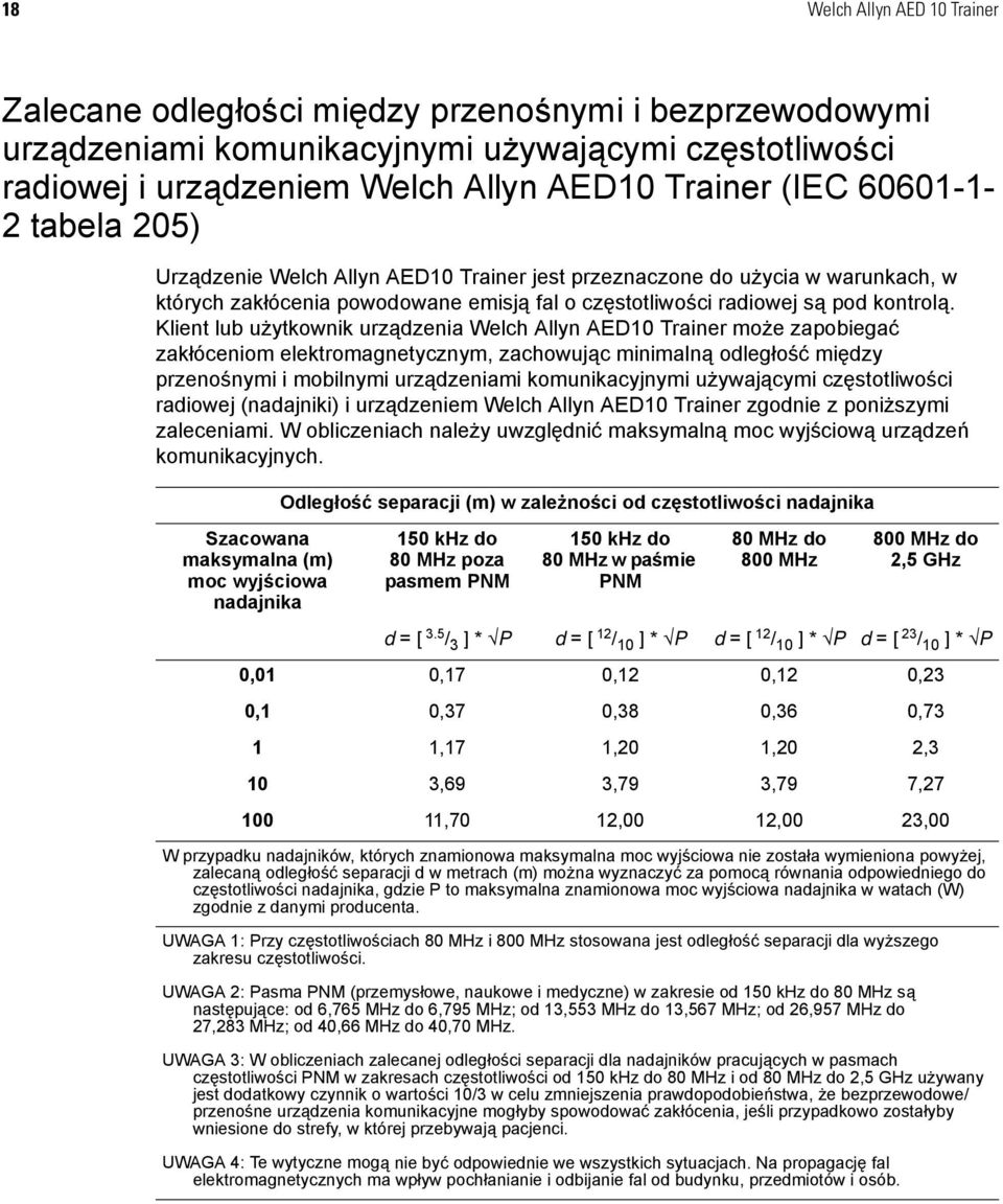 Klient lub użytkownik urządzenia Welch Allyn AED10 Trainer może zapobiegać zakłóceniom elektromagnetycznym, zachowując minimalną odległość między przenośnymi i mobilnymi urządzeniami komunikacyjnymi