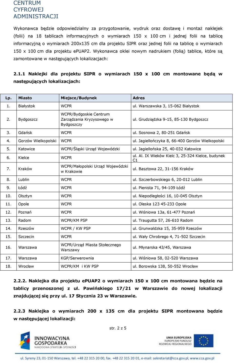 Wykonawca oklei nowym nadrukiem (folią) tablice, które są zamontowane w następujących lokalizacjach: 2.1.