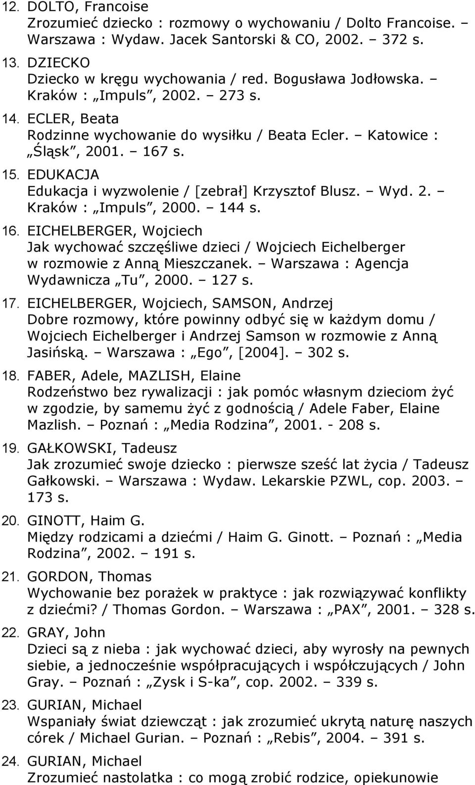 144 s. 16. EICHELBERGER, Wojciech Jak wychować szczęśliwe dzieci / Wojciech Eichelberger w rozmowie z Anną Mieszczanek. Warszawa : Agencja Wydawnicza Tu, 2000. 127 s. 17.