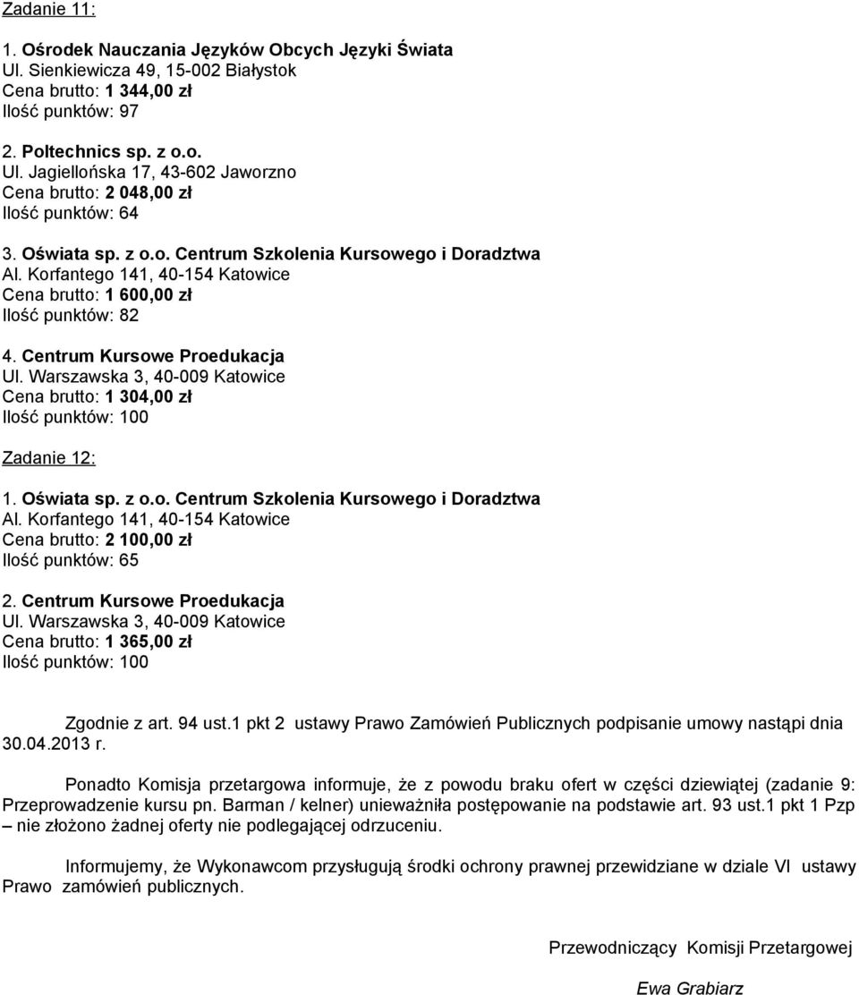 Centrum Kursowe Proedukacja Cena brutto: 1 365,00 zł Zgodnie z art. 94 ust.1 pkt 2 ustawy Prawo Zamówień Publicznych podpisanie umowy nastąpi dnia 30.04.2013 r.