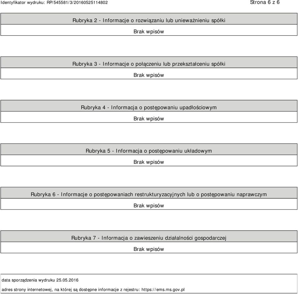 o postępowaniach restrukturyzacyjnych lub o postępowaniu naprawczym Rubryka 7 - Informacja o zawieszeniu działalności gospodarczej