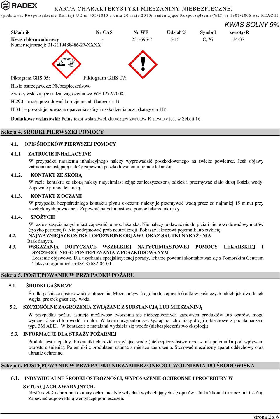 Dodatkowe wskazówki: Pełny tekst wskazówek dotyczący zwrotów R zawarty jest w Sekcji 16. Sekcja 4. ŚRODKI PIERWSZEJ POMOCY 4.1. OPIS ŚRODKÓW PIERWSZEJ POMOCY 4.1.1 ZATRUCIE INHALACYJNE W przypadku narażenia inhalacyjnego należy wyprowadzić poszkodowanego na świeże powietrze.