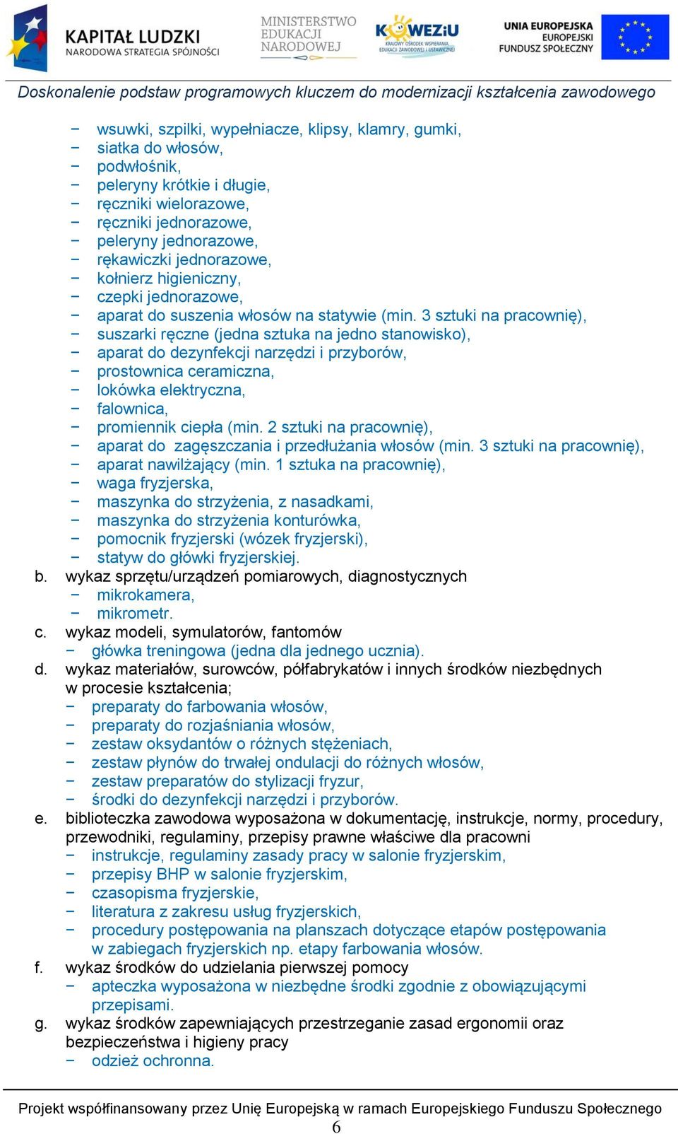 3 sztuki na pracownię), suszarki ręczne (jedna sztuka na jedno stanowisko), aparat do dezynfekcji narzędzi i przyborów, prostownica ceramiczna, lokówka elektryczna, falownica, promiennik ciepła (min.