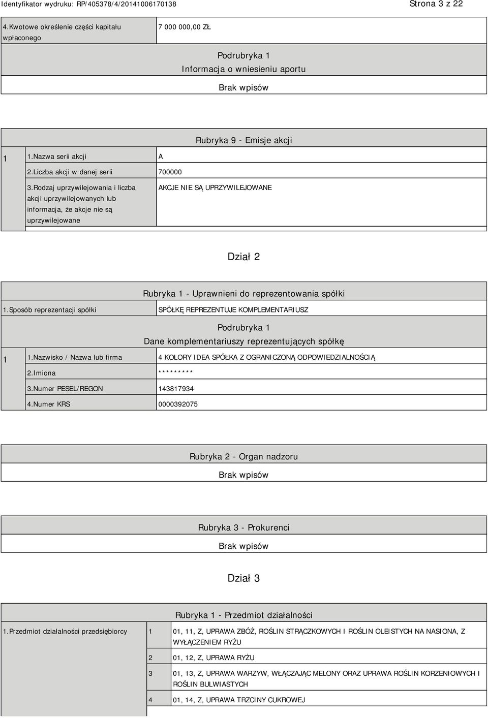 Rodzaj uprzywilejowania i liczba akcji uprzywilejowanych lub informacja, że akcje nie są uprzywilejowane AKCJE NIE SĄ UPRZYWILEJOWANE Dział 2 Rubryka 1 - Uprawnieni do reprezentowania spółki 1.