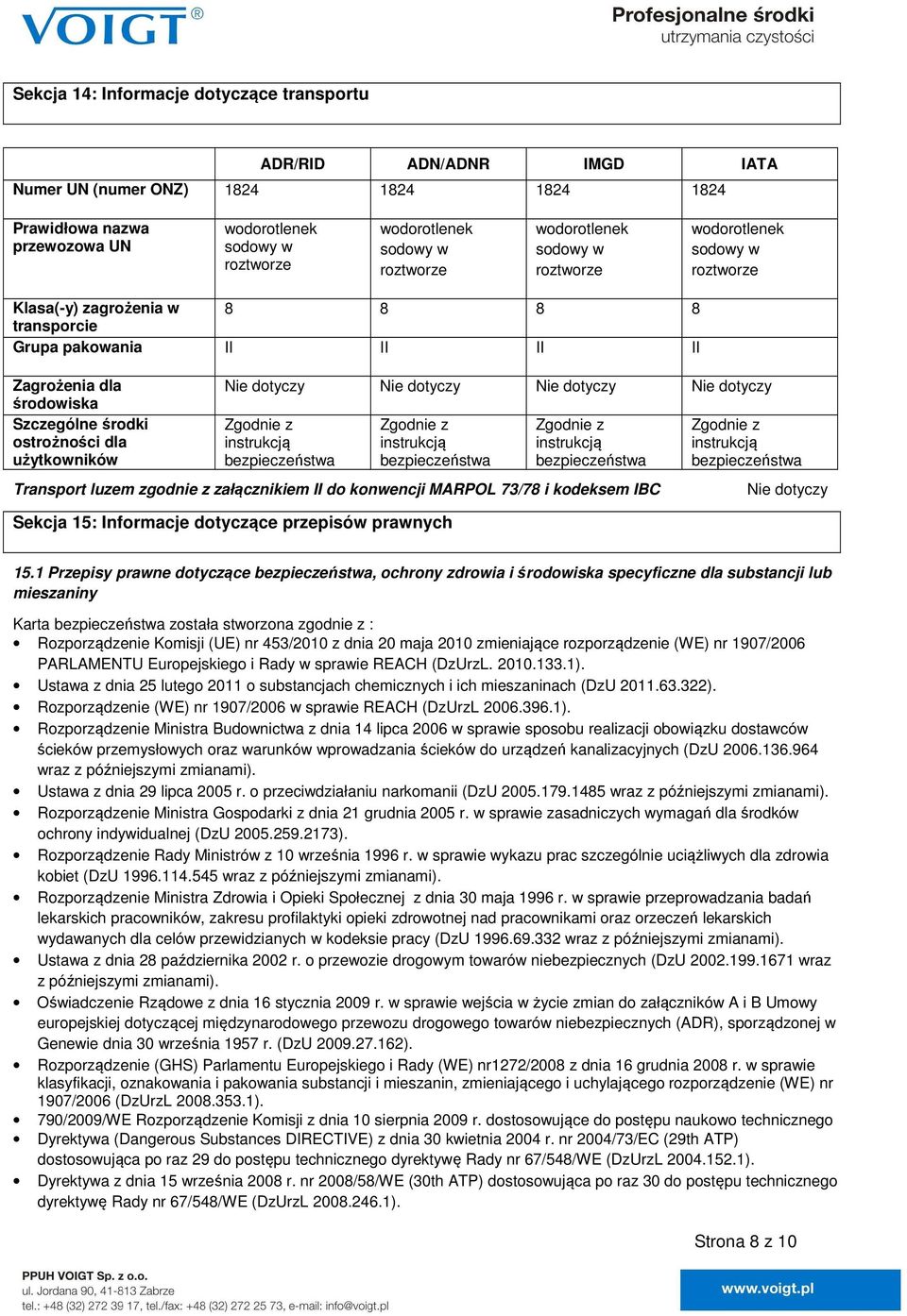 ostrożności dla użytkowników Zgodnie z instrukcją bezpieczeństwa Zgodnie z instrukcją bezpieczeństwa Zgodnie z instrukcją bezpieczeństwa Transport luzem zgodnie z załącznikiem II do konwencji MARPOL