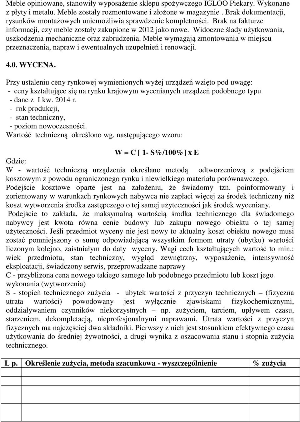 Widoczne ślady użytkowania, uszkodzenia mechaniczne oraz zabrudzenia. Meble wymagają zmontowania w miejscu przeznaczenia, napraw i ewentualnych uzupełnień i renowacji. 4.0. WYCENA.