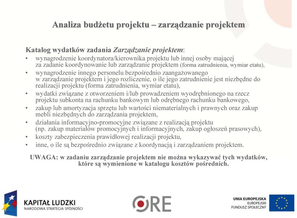 do realizacji projektu (forma zatrudnienia, wymiar etatu), wydatki związane z otworzeniem i/lub prowadzeniem wyodrębnionego na rzecz projektu subkonta na rachunku bankowym lub odrębnego rachunku