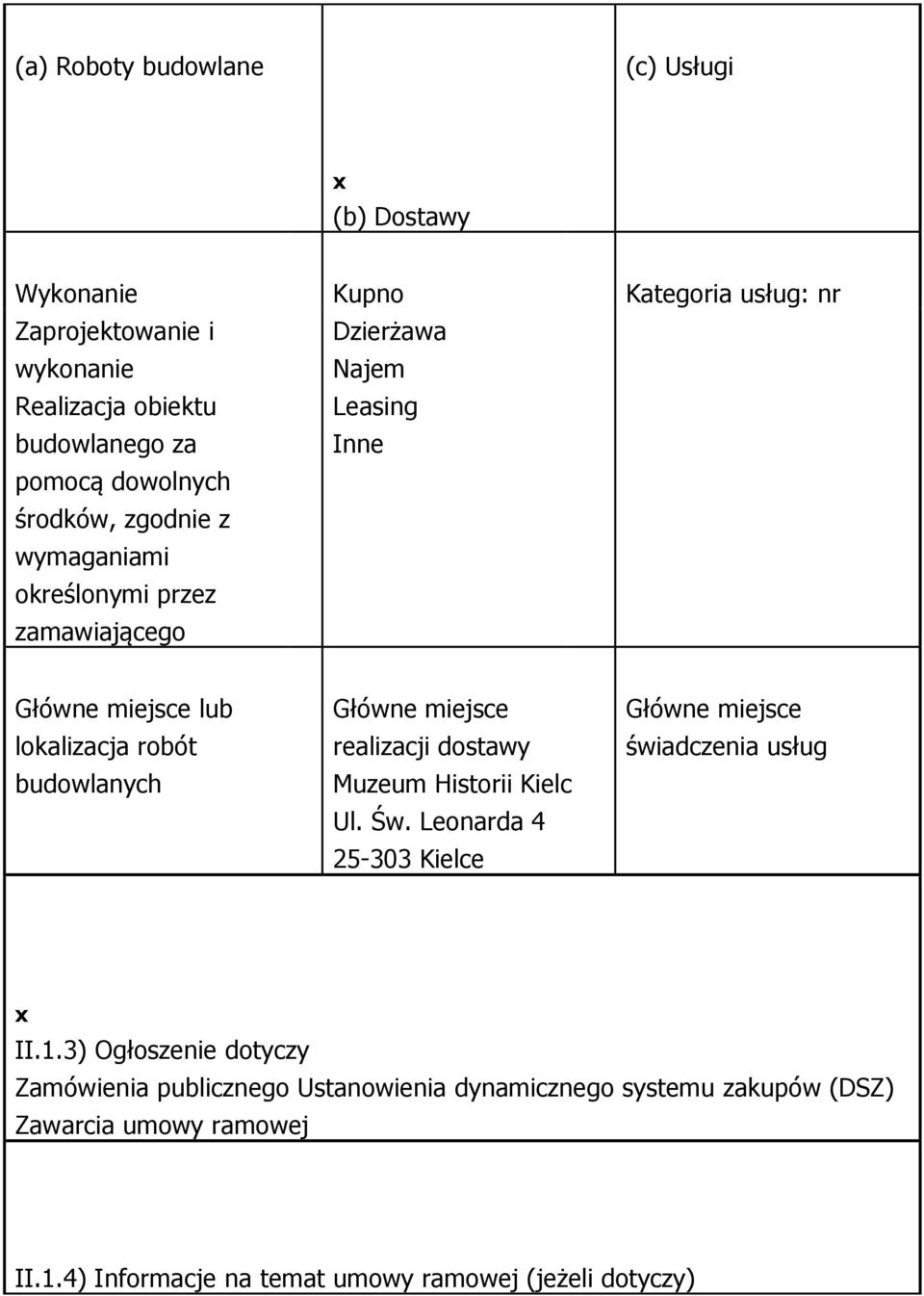 Główne miejsce realizacji dostawy Muzeum Historii Kielc Ul. Św. Leonarda 4 25-303 Kielce Główne miejsce świadczenia usług II.1.