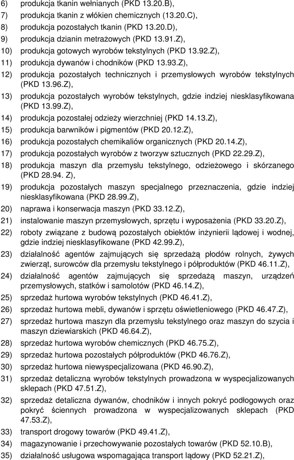 Z), 13) produkcja pozostałych wyrobów tekstylnych, gdzie indziej niesklasyfikowana (PKD 13.99.Z), 14) produkcja pozostałej odzieży wierzchniej (PKD 14.13.Z), 15) produkcja barwników i pigmentów (PKD 20.