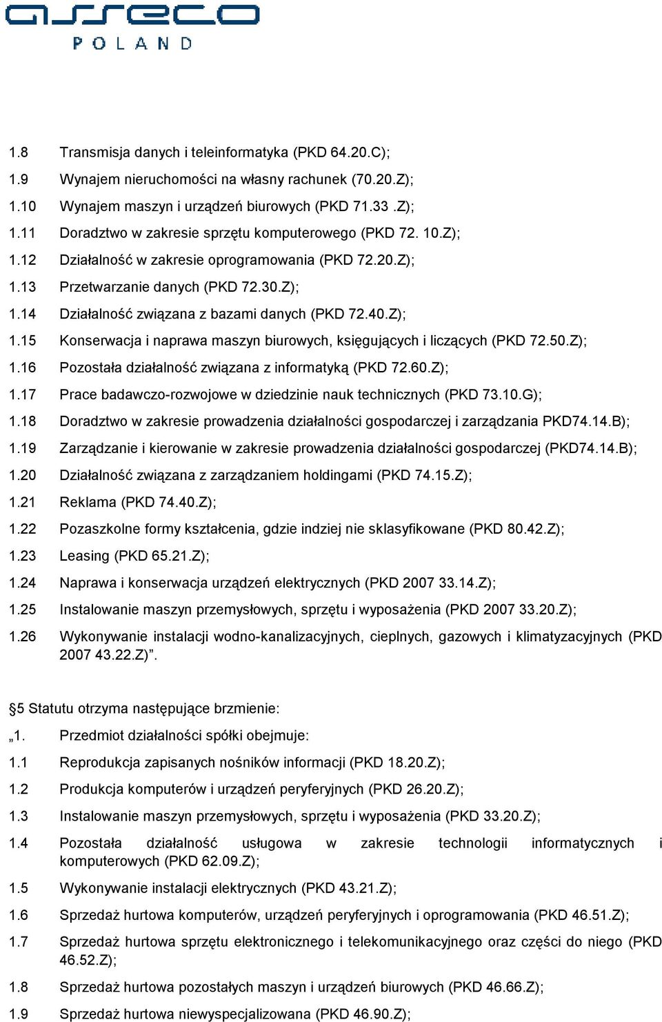 50.Z); 1.16 Pozostała działalność związana z informatyką (PKD 72.60.Z); 1.17 Prace badawczo-rozwojowe w dziedzinie nauk technicznych (PKD 73.10.G); 1.