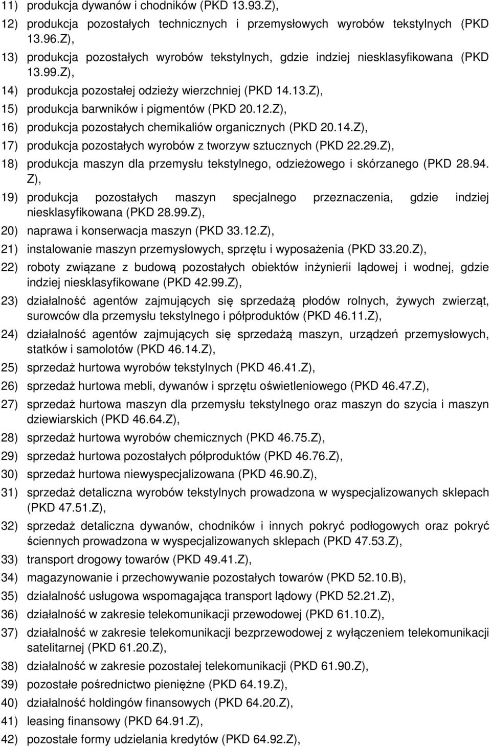 12.Z), 16) produkcja pozostałych chemikaliów organicznych (PKD 20.14.Z), 17) produkcja pozostałych wyrobów z tworzyw sztucznych (PKD 22.29.