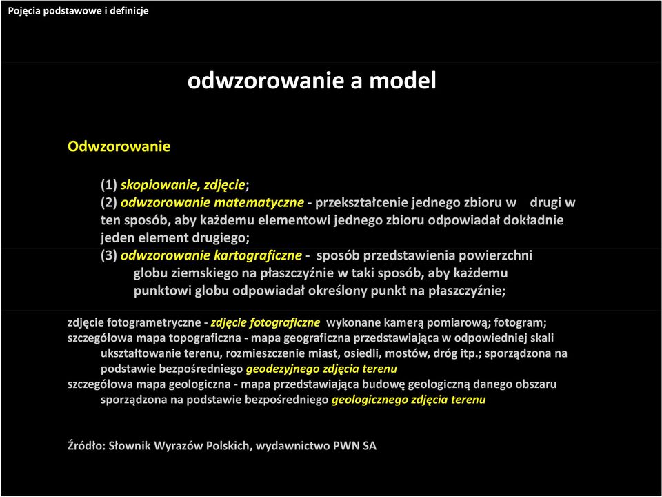 globu odpowiadał określony punkt na płaszczyźnie; zdjęcie fotogrametryczne - zdjęcie fotograficzne wykonane kamerą pomiarową; fotogram; szczegółowa mapa topograficzna - mapa geograficzna