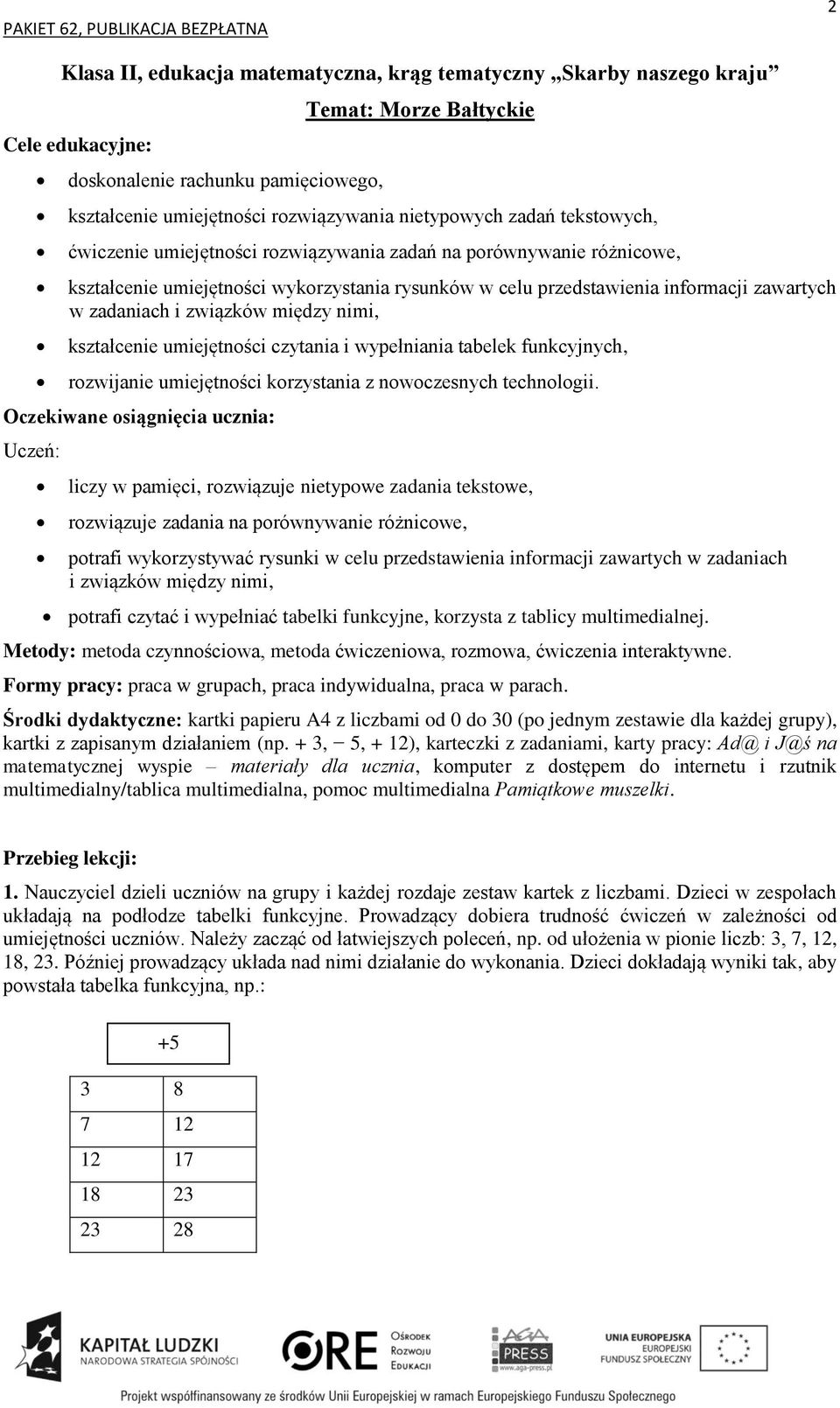 kształcenie umiejętności czytania i wypełniania tabelek funkcyjnych, rozwijanie umiejętności korzystania z nowoczesnych technologii.