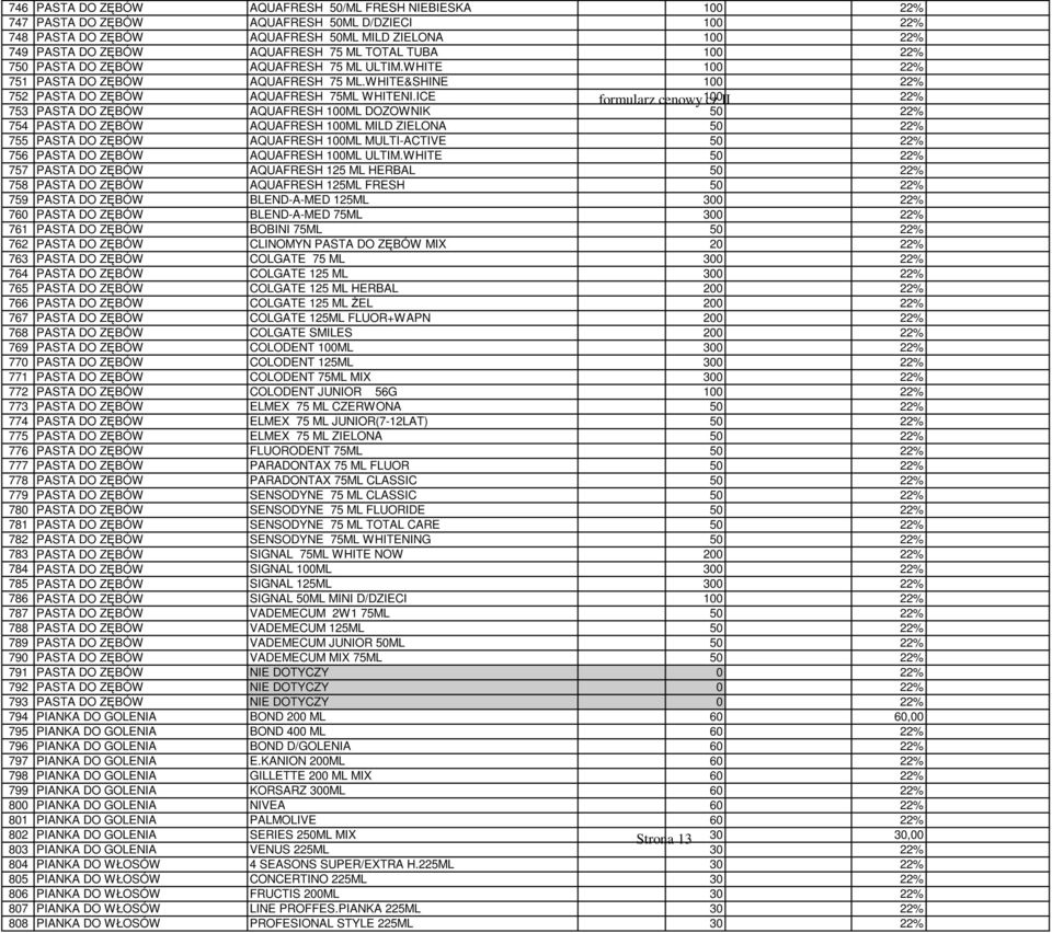 ICE formularz cenowy 100 cz II 753 PASTA DO ZĘBÓW AQUAFRESH 100ML DOZOWNIK 50 754 PASTA DO ZĘBÓW AQUAFRESH 100ML MILD ZIELONA 50 755 PASTA DO ZĘBÓW AQUAFRESH 100ML MULTI-ACTIVE 50 756 PASTA DO ZĘBÓW