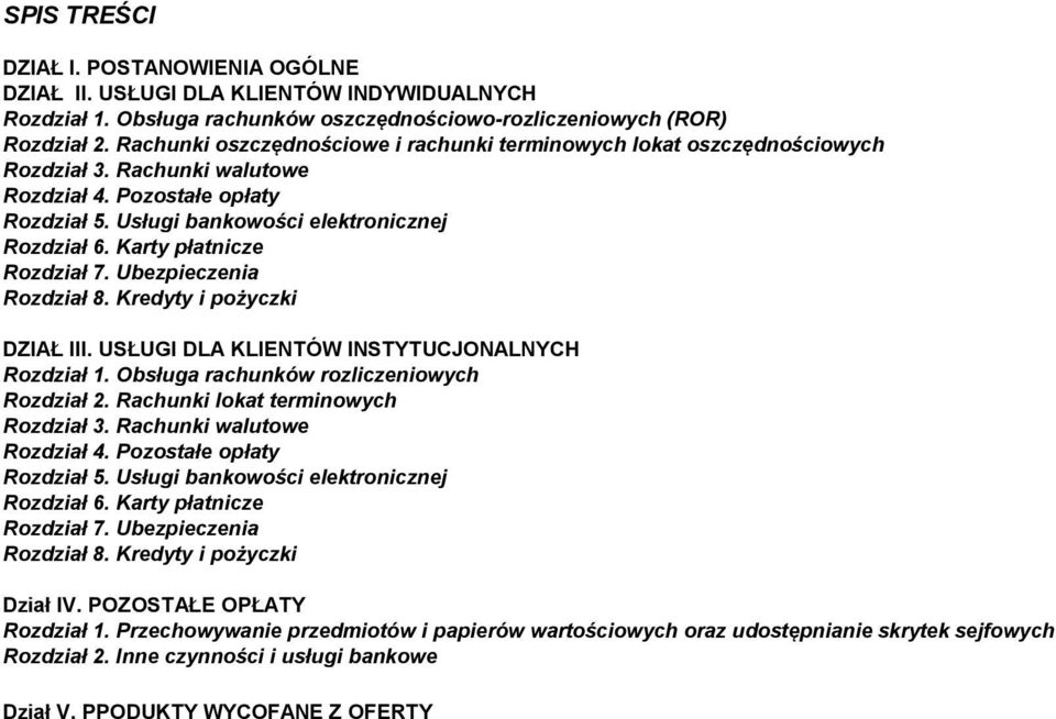Karty płatnicze Rozdział 7. Ubezpieczenia Rozdział 8. Kredyty i pożyczki DZIAŁ III. USŁUGI DLA KLIENTÓW INSTYTUCJONALNYCH Rozdział 1. Obsługa rachunków rozliczeniowych Rozdział 2.