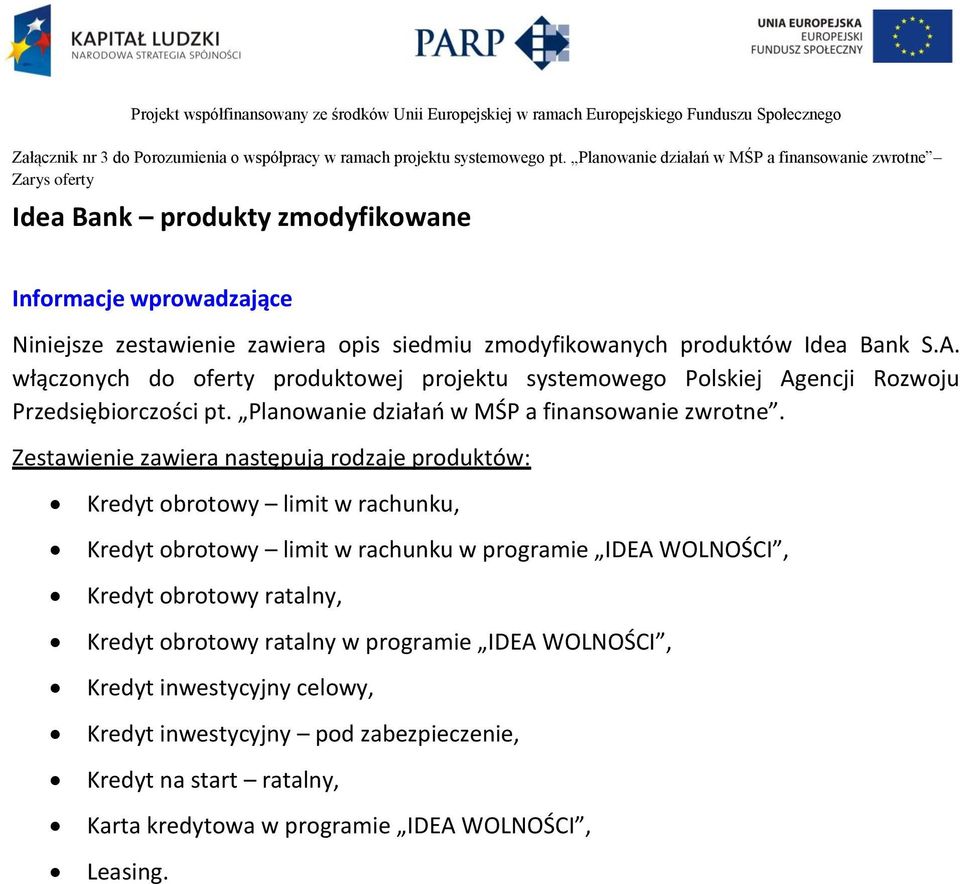S.A. włączonych do oferty produktowej projektu systemowego Polskiej Agencji Rozwoju Przedsiębiorczości pt. Planowanie działań w MŚP a finansowanie zwrotne.