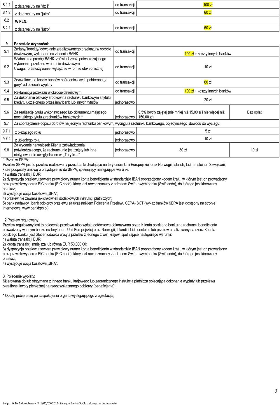 2 Wydanie na prośbę BANK zaświadczenia potwierdzającego wykonanie przekazu w obrocie dewizowym Uwaga: przekazywanie wyłącznie w formie elektronicznej 10 zł 9.