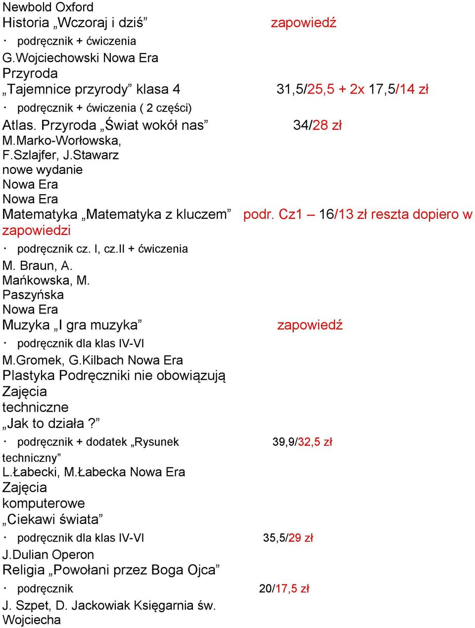 Paszyńska Muzyka I gra muzyka podręcznik dla klas IV-VI M.Gromek, G.Kilbach Plastyka Podręczniki nie obowiązują Zajęcia techniczne Jak to działa? podręcznik + dodatek Rysunek techniczny L.