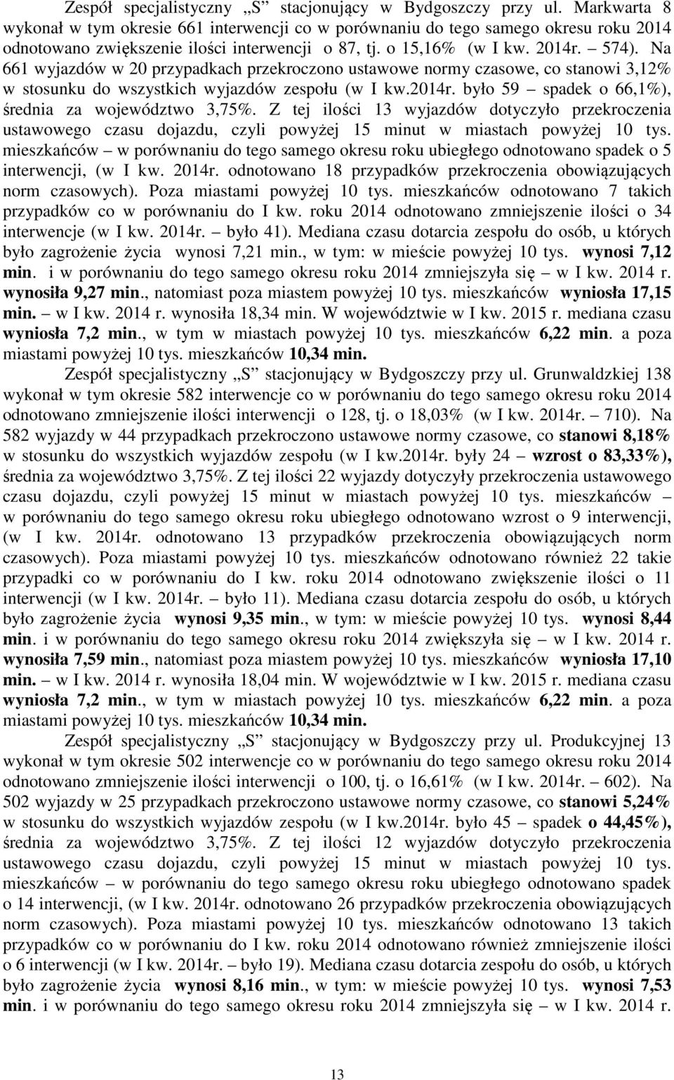 Na 661 wyjazdów w 20 przypadkach przekroczono ustawowe normy czasowe, co stanowi 3,12% w stosunku do wszystkich wyjazdów zespołu (w I kw.2014r. było 59 spadek o 66,1%), średnia za województwo 3,75%.