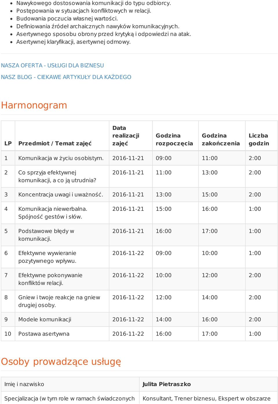NASZA OFERTA - USŁUGI DLA BIZNESU NASZ BLOG - CIEKAWE ARTYKUŁY DLA KAŻDEGO Harmonogram LP Przedmiot / Temat zajęć Data realizacji zajęć Godzina rozpoczęcia Godzina zakończenia Liczba godzin 1