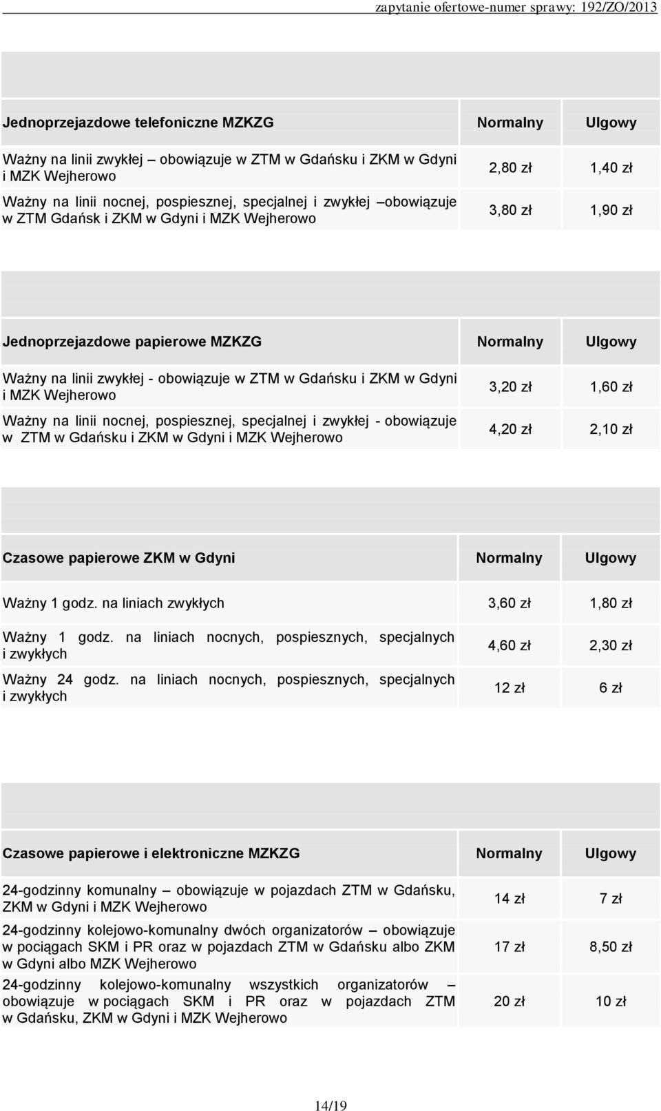 Wejherowo Ważny na linii nocnej, pospiesznej, specjalnej i zwykłej - obowiązuje w ZTM w Gdańsku i ZKM w Gdyni i MZK Wejherowo 3,20 zł 1,60 zł 4,20 zł 2,10 zł Czasowe papierowe ZKM w Gdyni Normalny