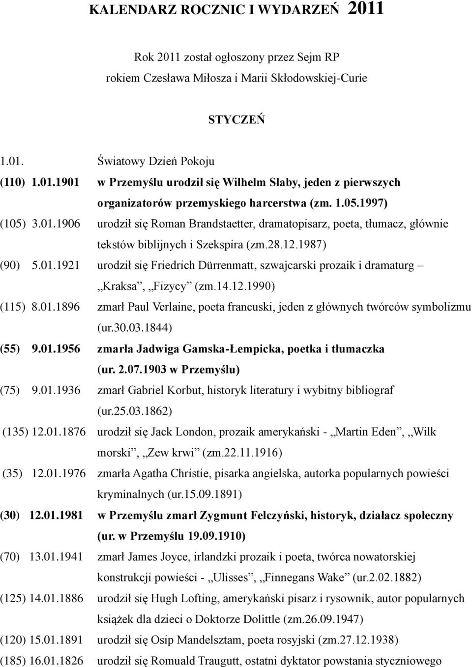 14.12.1990) (115) 8.01.1896 zmarł Paul Verlaine, poeta francuski, jeden z głównych twórców symbolizmu (ur.30.03.1844) (55) 9.01.1956 zmarła Jadwiga Gamska-Łempicka, poetka i tłumaczka (ur. 2.07.