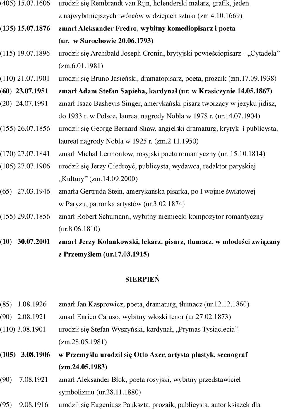 17.09.1938) (60) 23.07.1951 zmarł Adam Stefan Sapieha, kardynał (ur. w Krasiczynie 14.05.1867) (20) 24.07.1991 zmarł Isaac Bashevis Singer, amerykański pisarz tworzący w języku jidisz, do 1933 r.