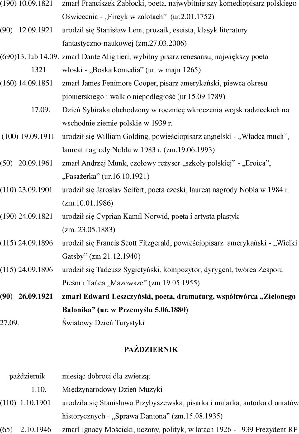 15.09.1789) 17.09. Dzień Sybiraka obchodzony w rocznicę wkroczenia wojsk radzieckich na wschodnie ziemie polskie w 1939 r. (100) 19.09.1911 urodził się William Golding, powieściopisarz angielski - Władca much, laureat nagrody Nobla w 1983 r.