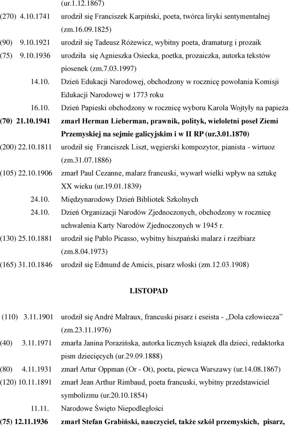 10. Dzień Papieski obchodzony w rocznicę wyboru Karola Wojtyły na papieża (70) 21.10.1941 zmarł Herman Lieberman, prawnik, polityk, wieloletni poseł Ziemi Przemyskiej na sejmie galicyjskim i w II RP (ur.