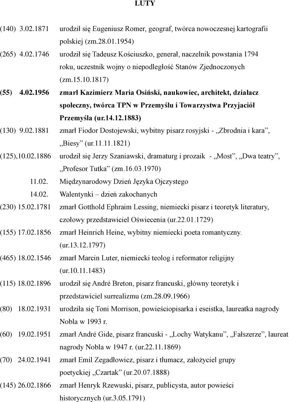 11.11.1821) (125),10.02.1886 urodził się Jerzy Szaniawski, dramaturg i prozaik - Most, Dwa teatry, Profesor Tutka (zm.16.03.1970) 11.02. Międzynarodowy Dzień Języka Ojczystego 14.02. Walentynki dzień zakochanych (230) 15.
