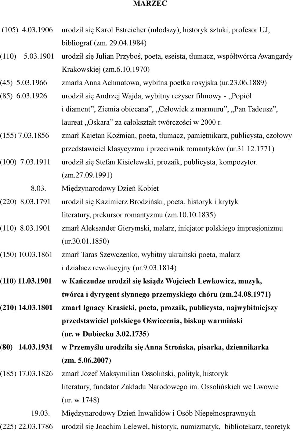 (155) 7.03.1856 zmarł Kajetan Koźmian, poeta, tłumacz, pamiętnikarz, publicysta, czołowy przedstawiciel klasycyzmu i przeciwnik romantyków (ur.31.12.1771) (100) 7.03.1911 urodził się Stefan Kisielewski, prozaik, publicysta, kompozytor.