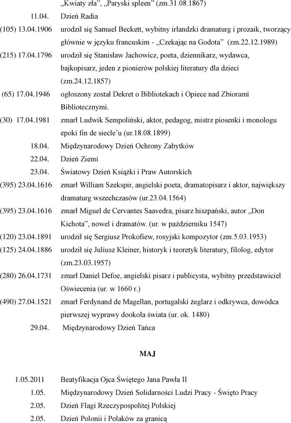 (30) 17.04.1981 zmarł Ludwik Sempoliński, aktor, pedagog, mistrz piosenki i monologu epoki fin de siecle u (ur.18.08.1899) 18.04. Międzynarodowy Dzień Ochrony Zabytków 22.04. Dzień Ziemi 23.04. Światowy Dzień Książki i Praw Autorskich (395) 23.