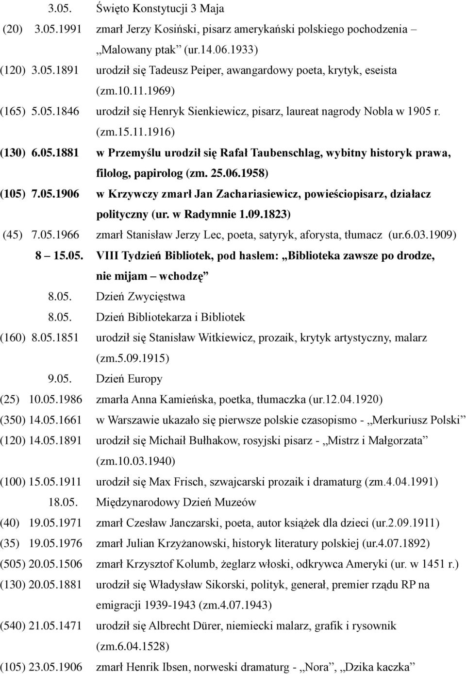 25.06.1958) (105) 7.05.1906 w Krzywczy zmarł Jan Zachariasiewicz, powieściopisarz, działacz polityczny (ur. w Radymnie 1.09.1823) (45) 7.05.1966 zmarł Stanisław Jerzy Lec, poeta, satyryk, aforysta, tłumacz (ur.