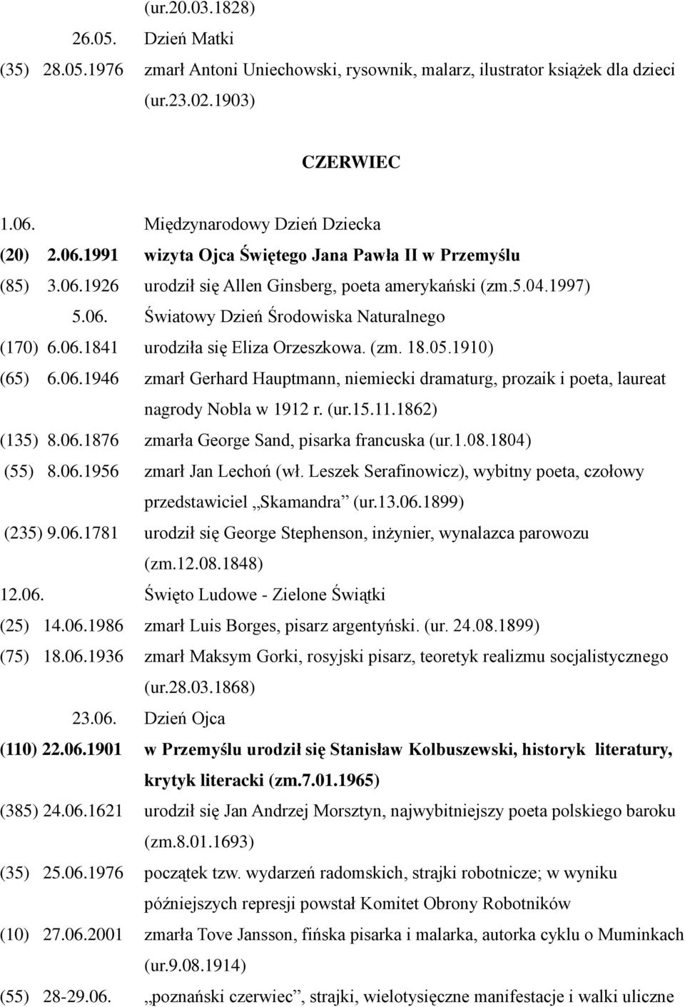 06.1841 urodziła się Eliza Orzeszkowa. (zm. 18.05.1910) (65) 6.06.1946 zmarł Gerhard Hauptmann, niemiecki dramaturg, prozaik i poeta, laureat nagrody Nobla w 1912 r. (ur.15.11.1862) (135) 8.06.1876 zmarła George Sand, pisarka francuska (ur.