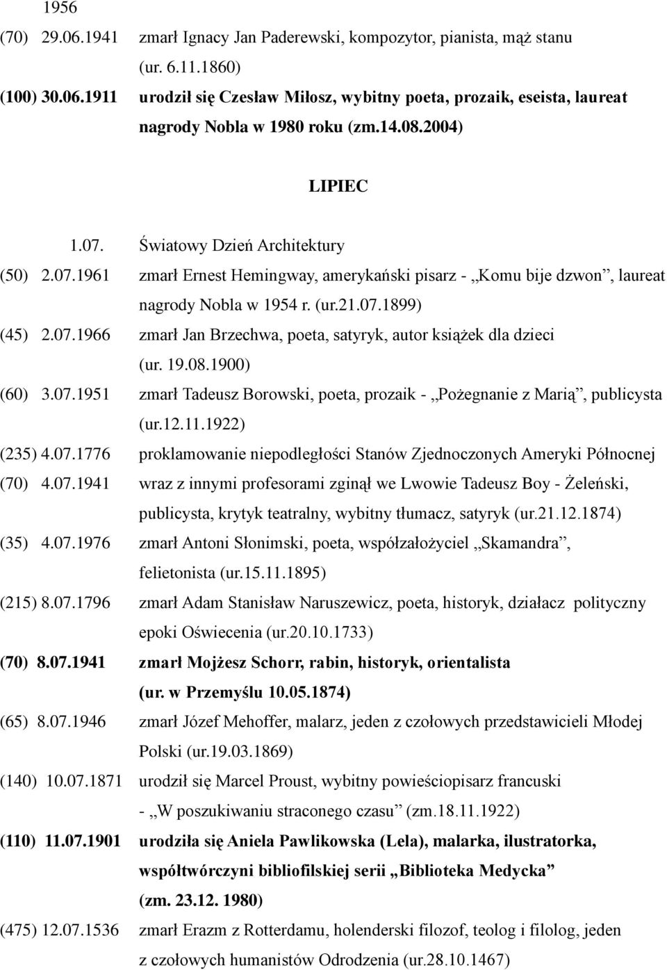 19.08.1900) (60) 3.07.1951 zmarł Tadeusz Borowski, poeta, prozaik - Pożegnanie z Marią, publicysta (ur.12.11.1922) (235) 4.07.1776 proklamowanie niepodległości Stanów Zjednoczonych Ameryki Północnej (70) 4.