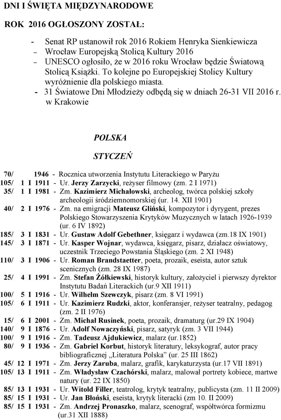 w Krakowie POLSKA STYCZEŃ 70/ 1946 - Rocznica utworzenia Instytutu Literackiego w Paryżu 105/ 1 I 1911 - Ur. Jerzy Zarzycki, reżyser filmowy (zm. 2 I 1971) 35/ 1 I 1981 - Zm.