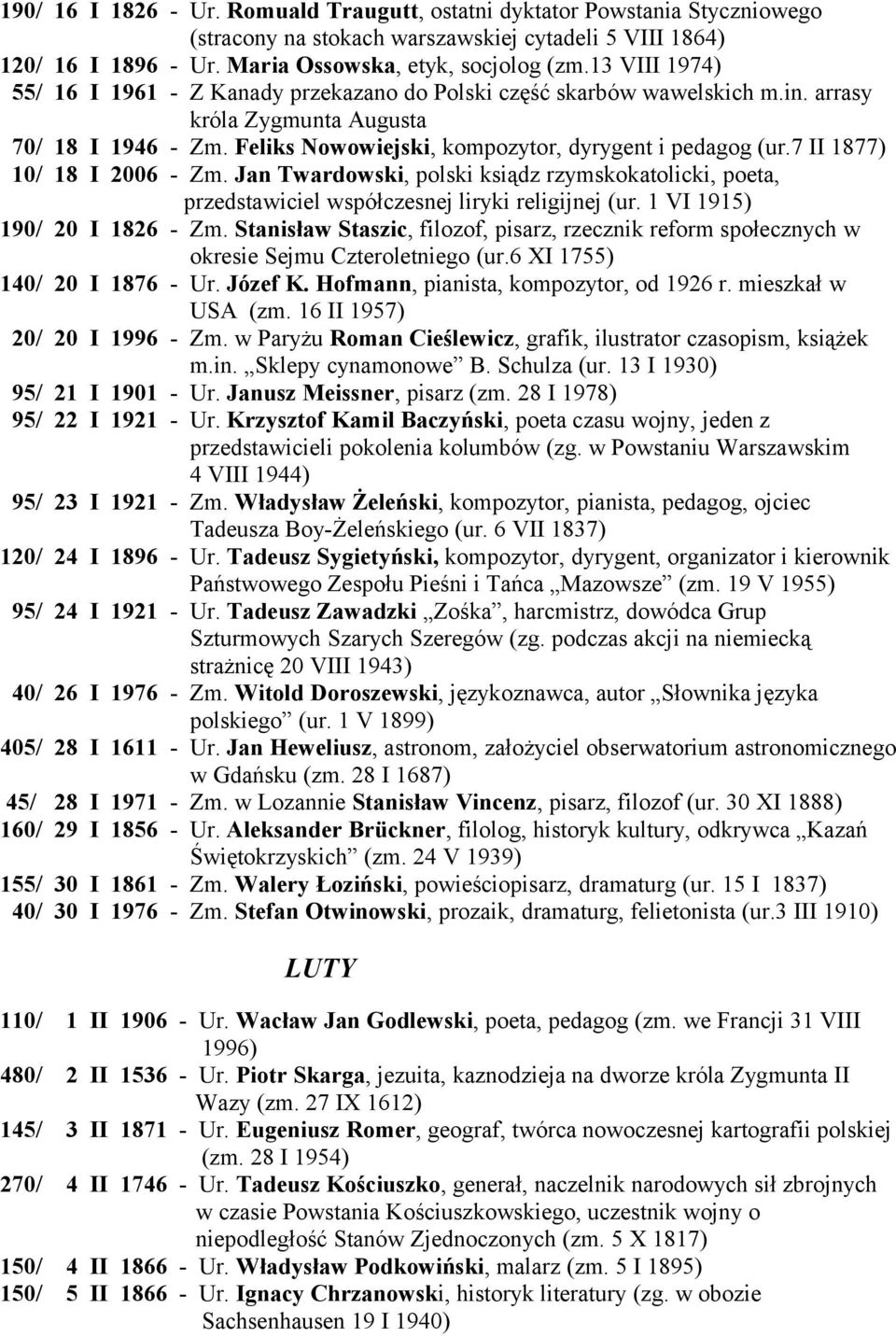 7 II 1877) 10/ 18 I 2006 - Zm. Jan Twardowski, polski ksiądz rzymskokatolicki, poeta, przedstawiciel współczesnej liryki religijnej (ur. 1 VI 1915) 190/ 20 I 1826 - Zm.