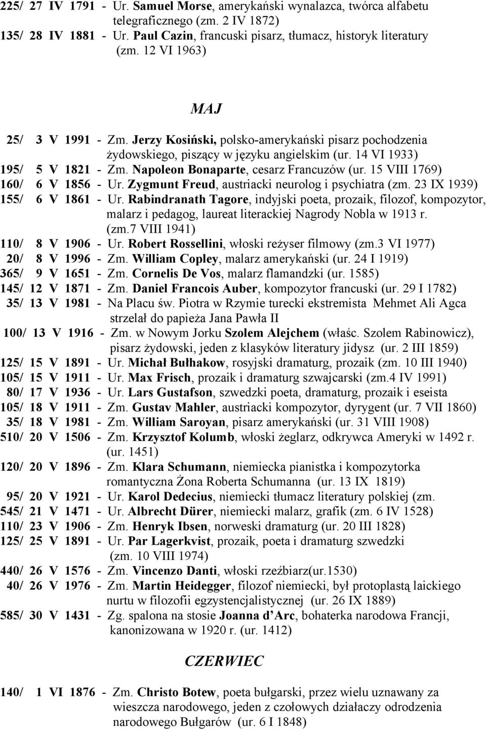 Napoleon Bonaparte, cesarz Francuzów (ur. 15 VIII 1769) 160/ 6 V 1856 - Ur. Zygmunt Freud, austriacki neurolog i psychiatra (zm. 23 IX 1939) 155/ 6 V 1861 - Ur.