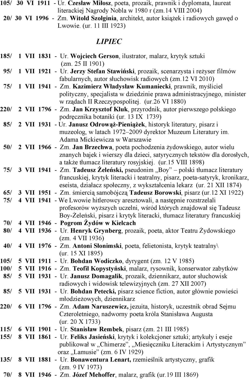 25 II 1901) 95/ 1 VII 1921 - Ur. Jerzy Stefan Stawiński, prozaik, scenarzysta i reżyser filmów fabularnych, autor słuchowisk radiowych (zm.12 VI 2010) 75/ 1 VII 1941 - Zm.