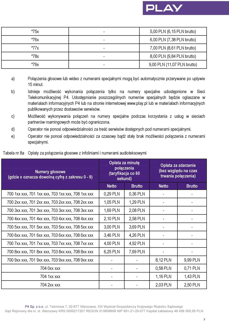 Udostępnianie poszczególnych numerów specjalnych będzie ogłaszane w materiałach informacyjnych P4 lub na stronie internetowej www.play.