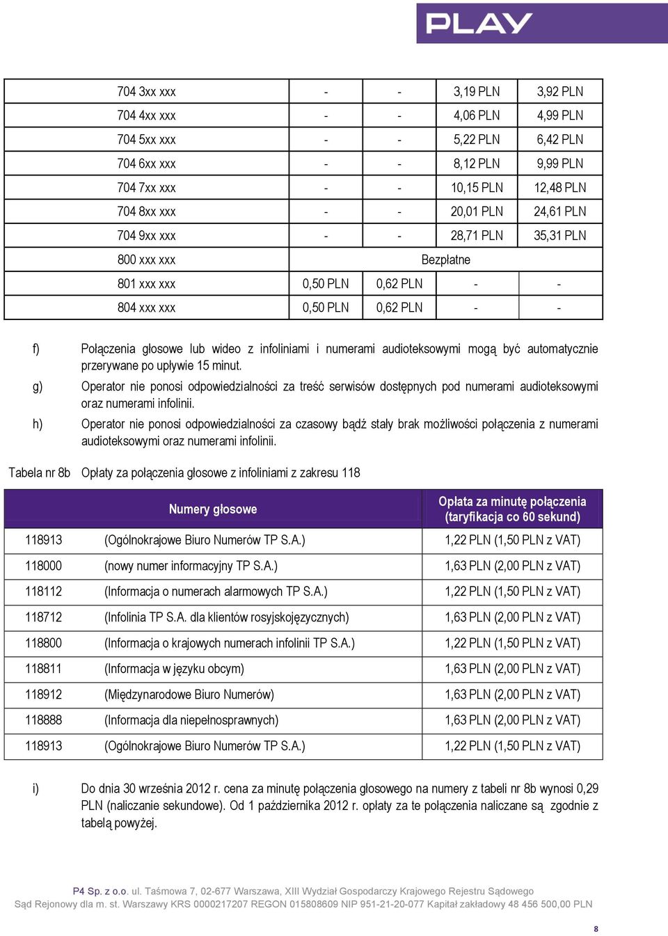 audioteksowymi mogą być automatycznie przerywane po upływie 15 minut. g) Operator nie ponosi odpowiedzialności za treść serwisów dostępnych pod numerami audioteksowymi oraz numerami infolinii.