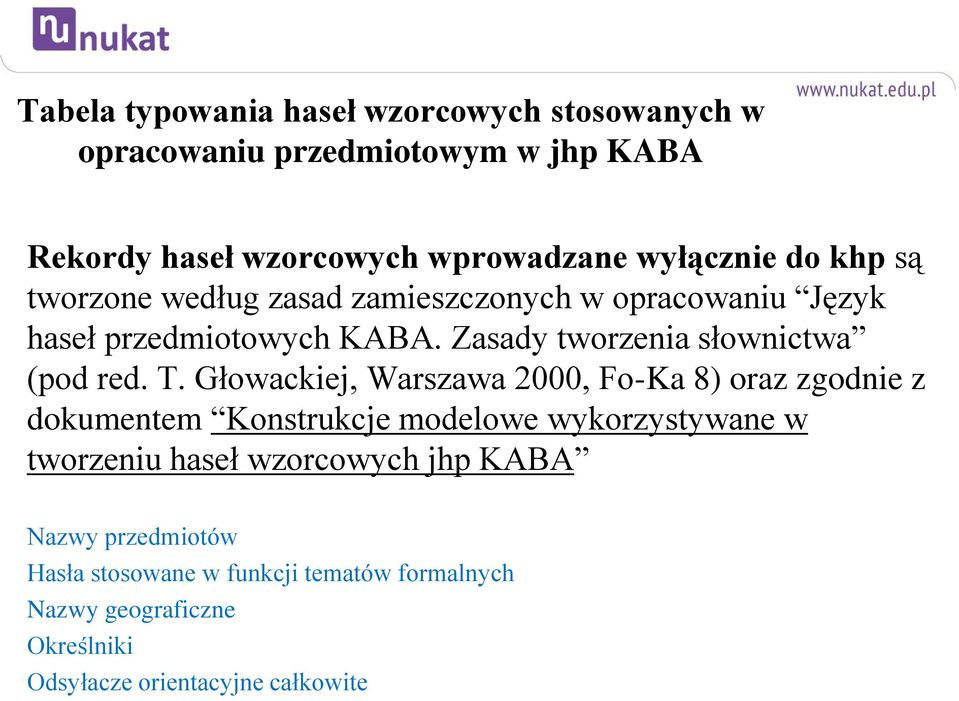 T. Głowackiej, Warszawa 2000, Fo-Ka 8) oraz zgodnie z dokumentem Konstrukcje modelowe wykorzystywane w tworzeniu haseł wzorcowych
